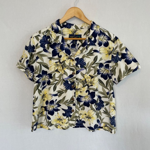 Island Traders Hawaiian Cropped Camp Shirt Yellow Purple Hibiscus Size XL - Picture 7 of 7